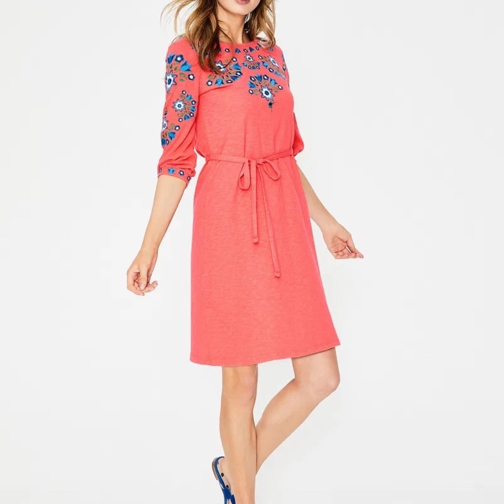 Boden Leyla Embroidered Jersey Tie Dress in Guava Orange Floral Size US 14L